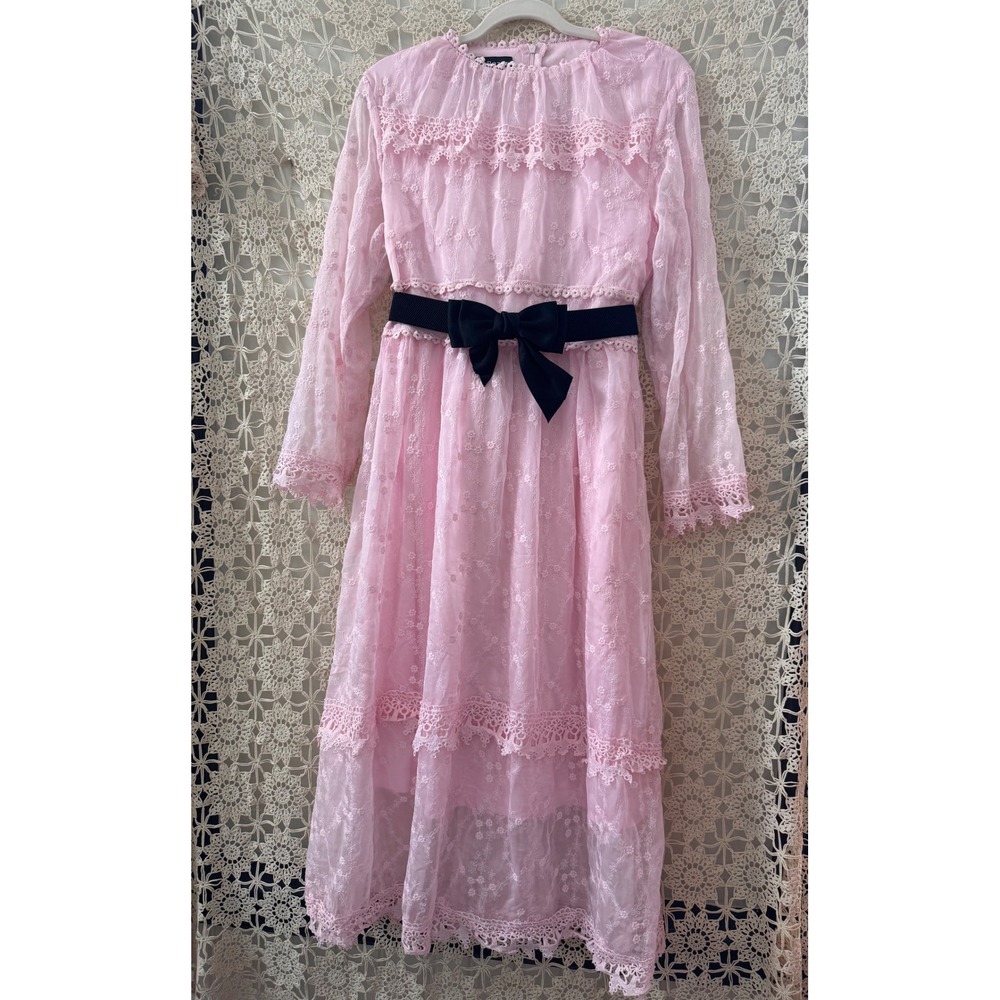 Pink Lace Tiered Coquette Midi Dress Long Sleeve Feminine Cottagecore Sz L